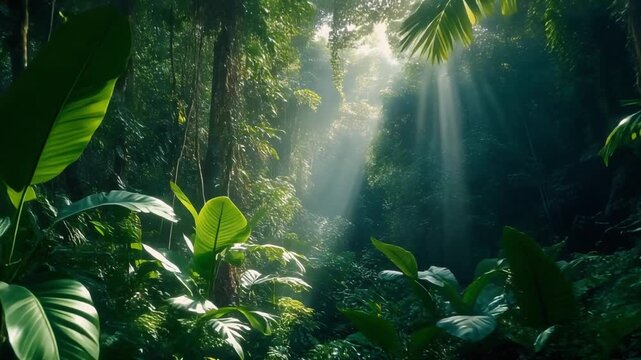 Lush tropical rainforest canopy sunlight filtering through dense foliage creating shimmering patterns green leaves and moist undergrowth serene