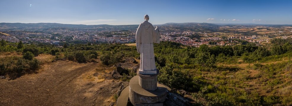 Aerial elevated panoramic view of St. Bartholomew (Miradouro de Sao Bartolomeu), overlooking Braganca, north of Portugal