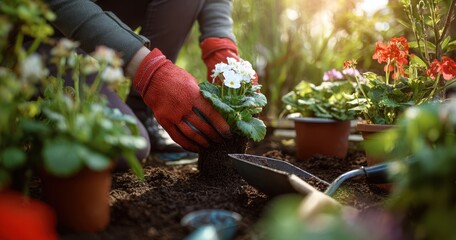 Fototapeta premium The Gardener Planting White Flowers in Pots with Red Gloves on Sunny Morning
