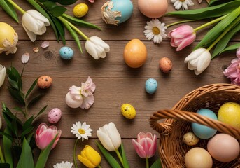 Easter eggs and flowers on wooden table