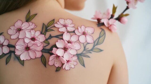 4K video of a woman's back with a cherry blossom tattoo