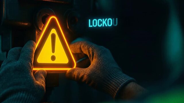 Warning caution triangle glowing safety alert hazard gloves industrial protection lockout tagout procedure with gloved hands holding warning sign for hazard prevention control and safety equipment