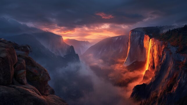 dramatic yosemite firefall waterfall at sunset with fog