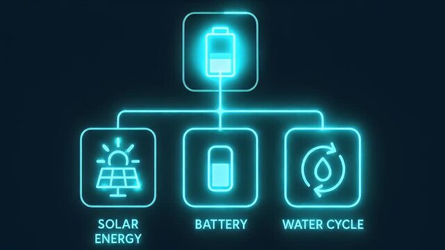 Solar energy battery water cycle icons glowing neon blue illustrating renewable power technology concept sustainable energy storage digital flowchart system management environmental design