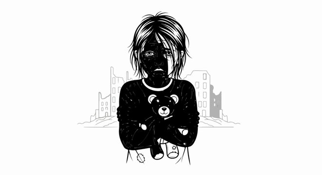 A child with a black face clutching a teddy bear amid ruined buildings