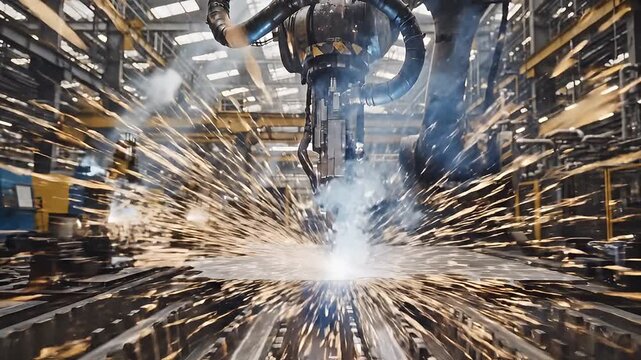 Dynamic welding robot sparks in industrial factory scene.