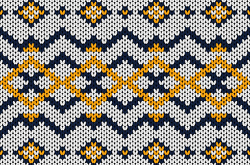 Native ethnic knitted pattern in white, blue, and yellow tones.