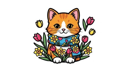 Obraz premium Cute Orange Cat Among Spring Flowers Wearing Blue Scarf