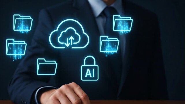 Cloud storage artificial intelligence digital folder data security business technology cybersecurity data transfer secure access futuristic touchscreen interface network protection digital innovation