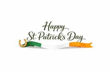 St. Patricks Day text with Irish flag ribbon and golden horseshoe, background © dvoevnore