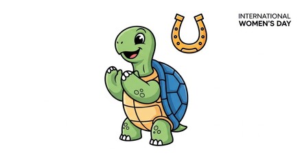 Cartoon Turtle with Horseshoe and International Women S Day Text