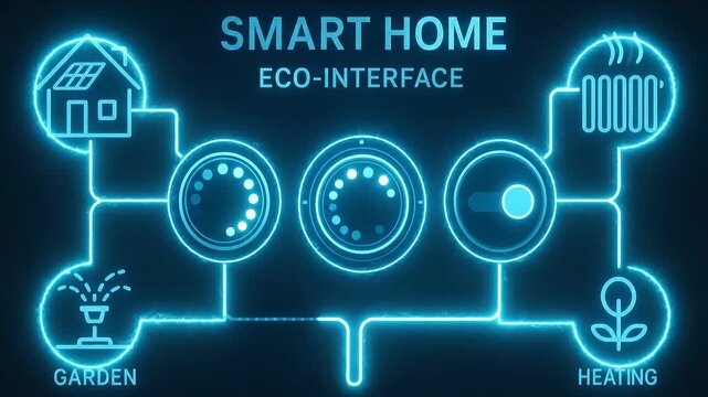 Smart home eco interface featuring neon blue glowing icons and digital control panel for garden irrigation, heating system, energy management, automation technology design