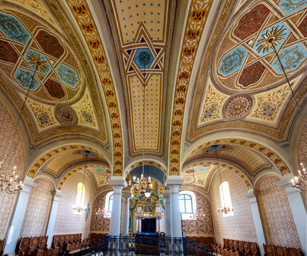 Interior view of a synagogue showcasing Jewish architectural elements in Hungary