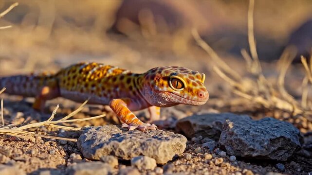 Close up of a colorful leopard gecko crawling on rocky ground in a natural arid desert environment during golden hour.
