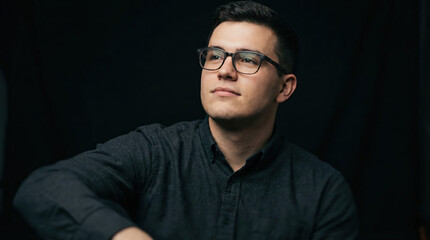 Obraz premium Professional portrait of a proud male professional man wearing glasses against a dark background.