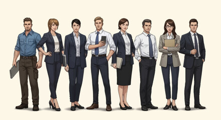 Diverse group of business professionals standing together in modern office attire
