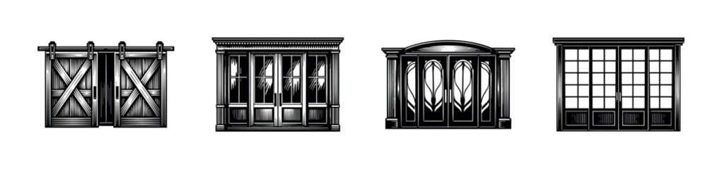 Door designs collection: flat vector icons set of rustic, modern, and decorative styles