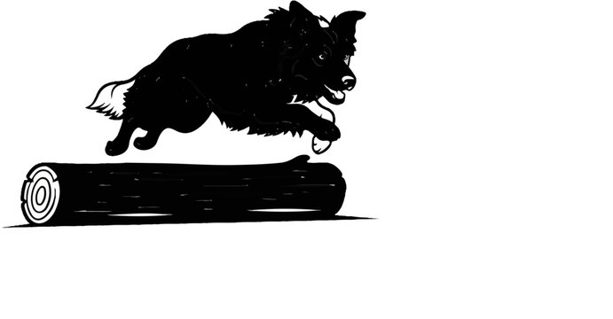 A black silhouette of a dog leaping over a log