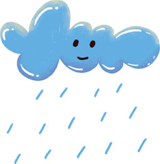 Obraz premium Cute blue cloud rainy character illustration with happy face and rain drops, soft digital hand drawn style