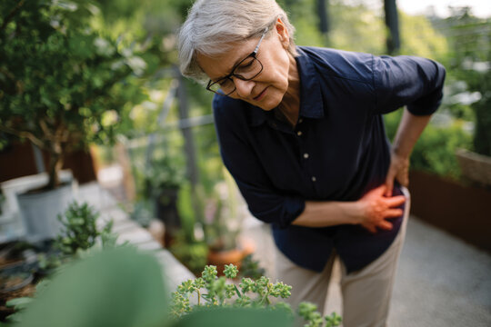A senior woman wearing glasses bends in a garden, visibly strained by back pain. She symbolizes the challenges of maintaining physical health while enjoying outdoor activities.