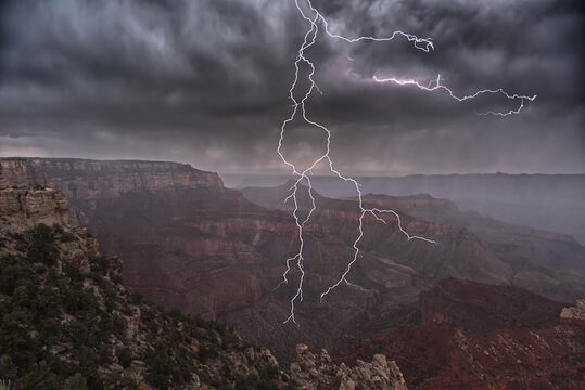 Lightning striking directly overhead viewed from the Walhalla Overlook on Grand Canyon North Rim Arizona