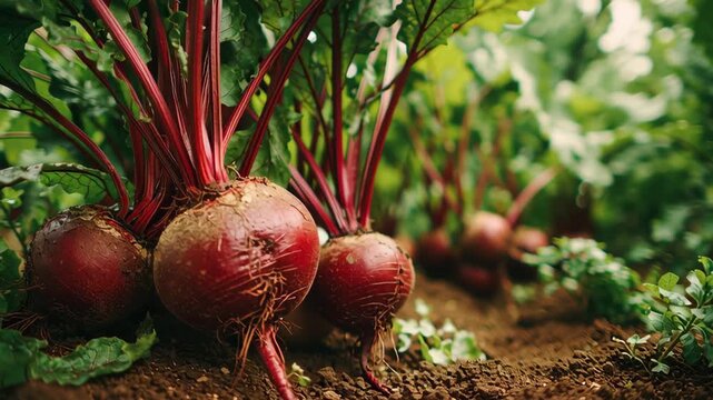 Fresh organic beetroots with vibrant green leaves growing in soil in a cultivated field. Beet planting in the plantation. Sustainable agriculture. Food production, healthy eating. Summer warm sunlight