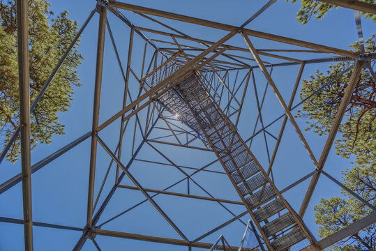 The 80 foot tall historic Fire Watchtower at Jacob Lake Arizona. Maintained as a historic landmark by the National Forest Service. No property release needed.