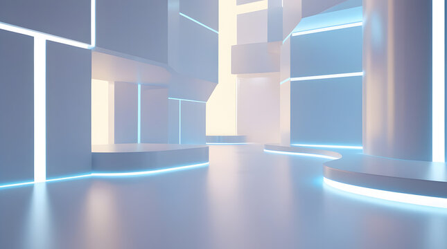 Abstract white futuristic technology background with geometric shapes and soft blue light, 3D render