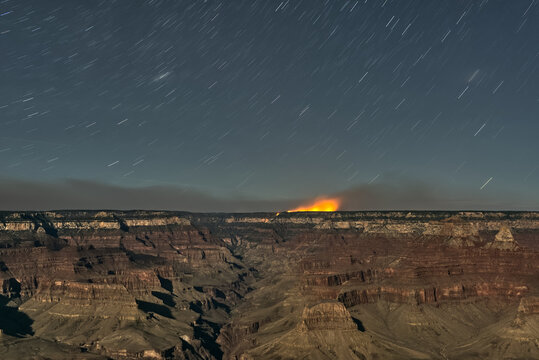 Dragon Bravo Wildfire on Grand Canyon North Rim at night, South Rim, Arizona, United States