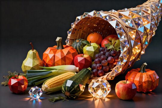 A geometrically faceted cornucopia overflowing with a vibrant assortment of fresh fruits and vegetables, symbolizing abundance and harvest, set against a dark background with glowing crystal acc siyam