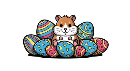 Cute Hamster Surrounded by Colorful Easter Eggs