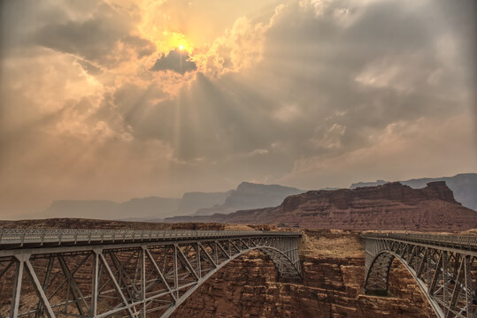 Sun shining through dense smoke from the Dragon Bravo Wildfire enshrouding Vermilion Cliffs National Monument, Arizona, United States