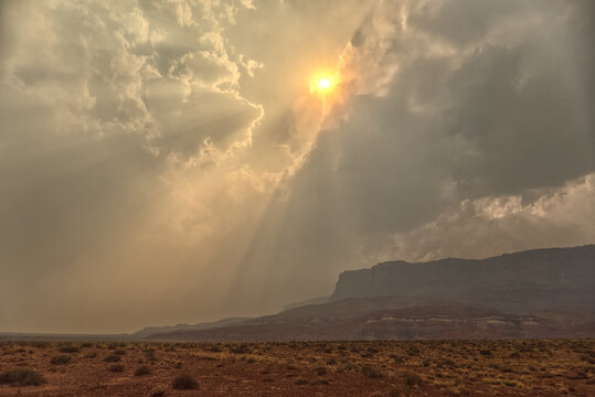 Sun shining through dense smoke from the Dragon Bravo Wildfire enshrouding Vermilion Cliffs National Monument Arizona