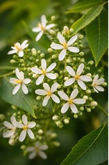 Fototapeta premium This image features the delicate white flowers of the Neem tree (Azadirachta indica), a medicinal plant widely known for its antibacterial and healing properties.