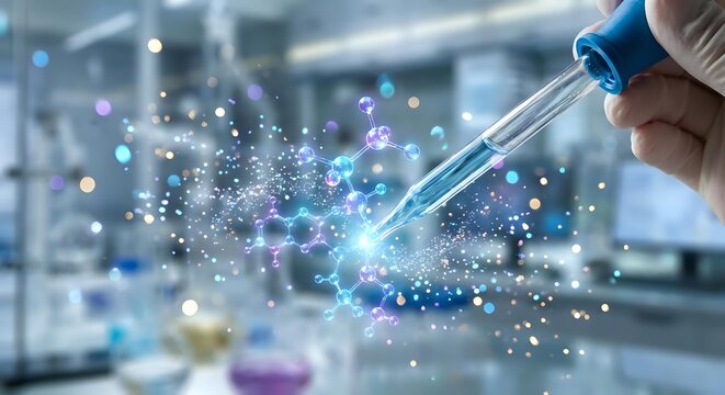 Hand holding laboratory pipette with glowing digital network connections representing scientific research and biotechnology innovation in modern lab setting.