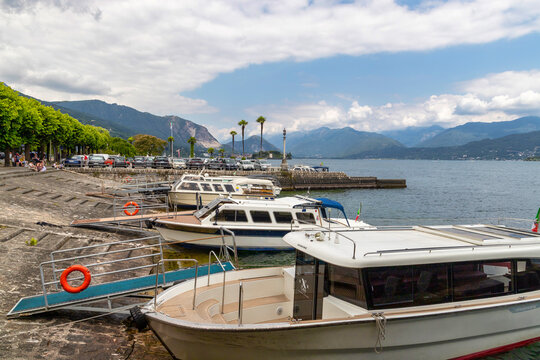 Small boats moored. Stresa, Lake Maggiore, Verbano Cusio Ossola discrict, Piedmont, Italy, Europe