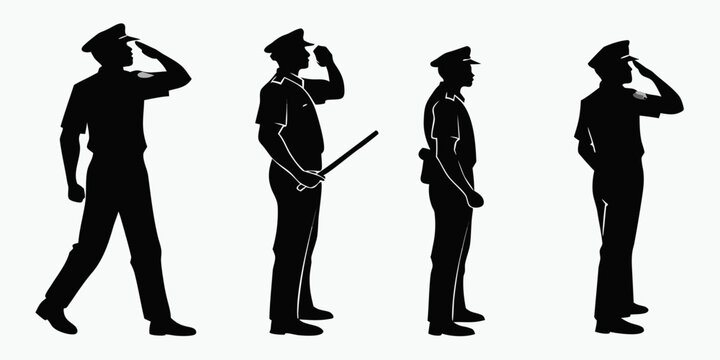Four silhouettes of officers in different saluting poses Vector
