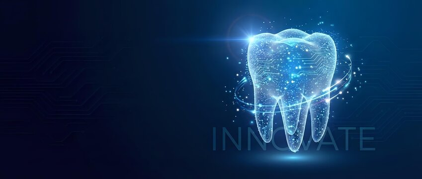 Digital tooth hologram with glowing particles on dark blue background for dental technology and healthcare innovation concepts.