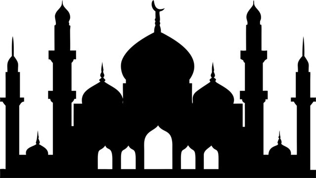Silhouette of a mosque with minarets and domes against a white background Vector