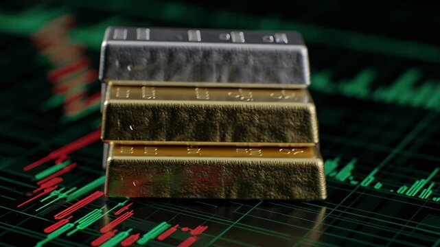 Gold and Silver bars on background of stock graph charts. Concept for company dealing in precious metals investment. Financial business economy, wealth, reserve success. Money, treasure, enrichment