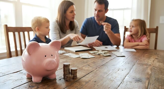 Caucasian family with two children learning about money management and savings at wooden dining table with pink piggy bank and coins in bright home interior.
