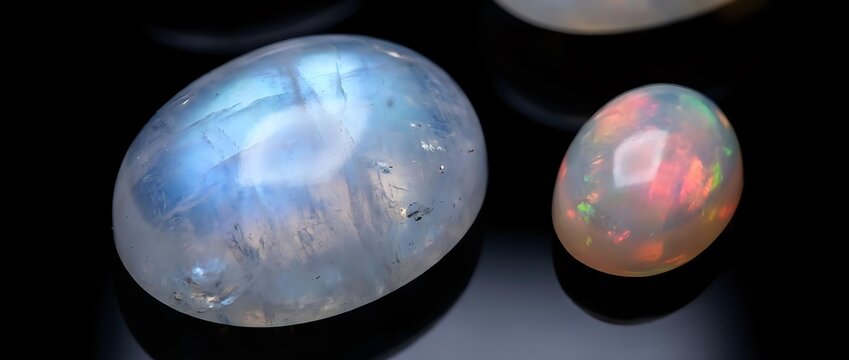 Opal gemstones with rainbow fire displaying natural iridescent colors and optical phenomena on dark surface for jewelry design and luxury accessories.