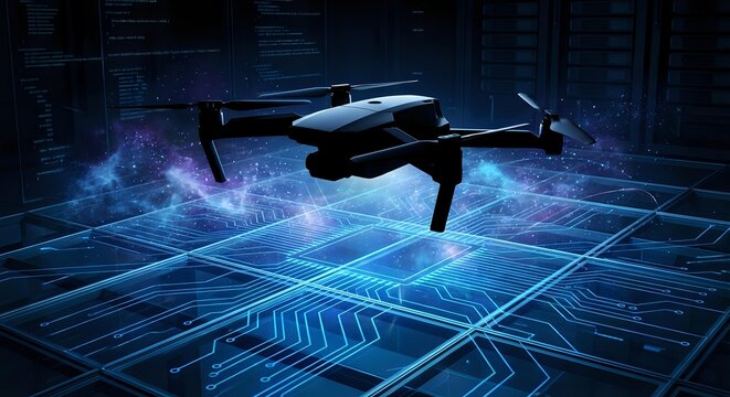 Modern black drone flying over futuristic digital grid with glowing blue circuit patterns and holographic data displays for technology presentations.