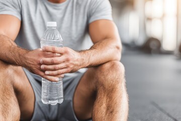 Muscular man in gym holding water bottle after exercise for hydration and wellbeing, ensuring he stays refreshed during his fitness journey to a healthier lifestyle.