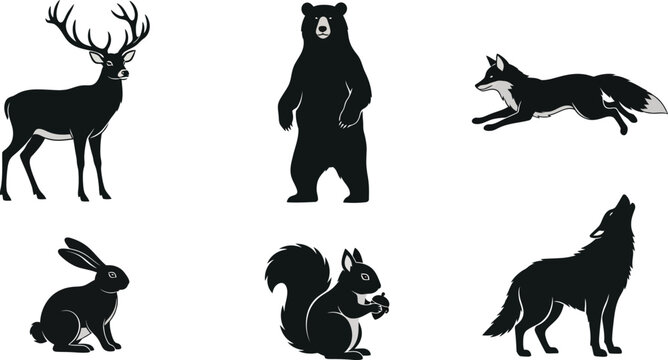 Collection of black silhouette forest animals including deer bear fox rabbit squirrel and wolf isolated on white background for graphic design