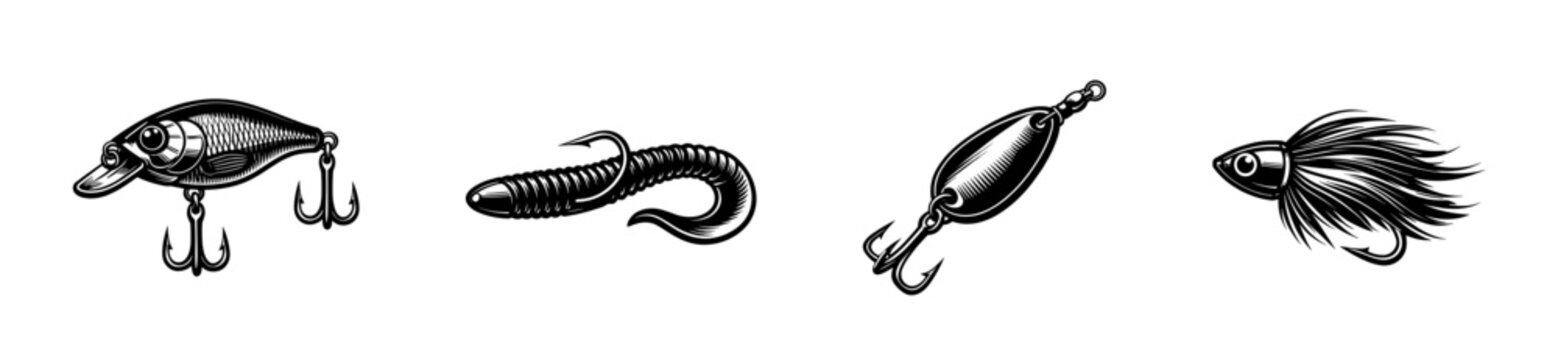 Fishing lure icons: flat vector icons set for angling enthusiasts and fish tackle designs
