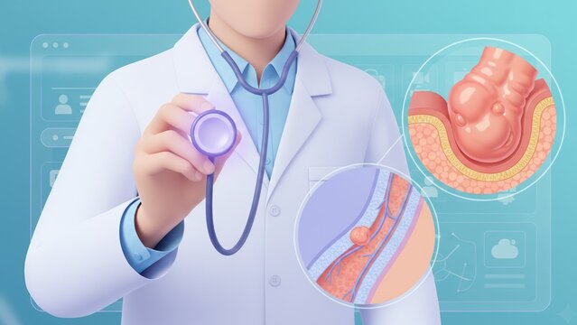 A doctor with stethoscope beside magnified swollen anal veins in rectal wall hemorrhoids concept patient care