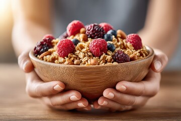 A person holding a wooden bowl filled with granola, raspberries, blueberries, and blackberries, a healthy breakfast or snack, on a wooden table in the morning light.
