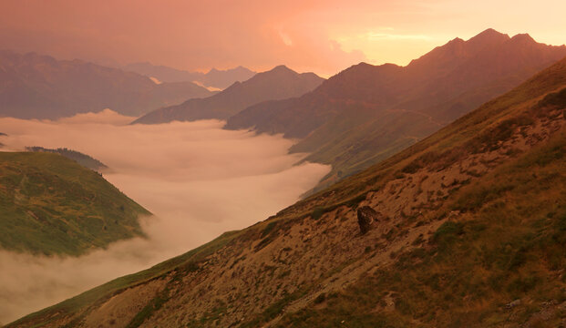 Panoramic views of the Pyrenees from Col Du Tourmalet 2115metres, France