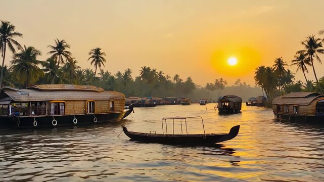 Traditional Kerala houseboat on tranquil backwater canal at sunset, reflecting vibrant golden light and lush tropical scenery.